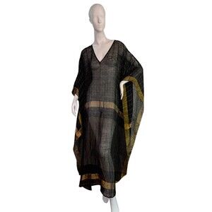 House of Wandering Silk Black & Gold Tussar Silk Kaftan Maxi Long Dress One Size